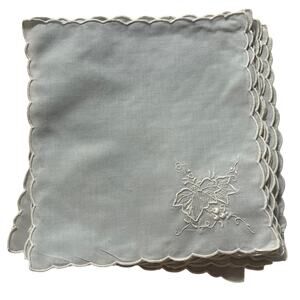 Vintage Pale Blue Linen Floral Embroidered Cocktail Napkins, Set of 12
